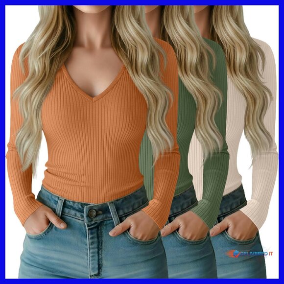 Tops - Women's Long Sleeve V-Neck Ribbed Tee 95% Cotton Slim Fit Casual Top